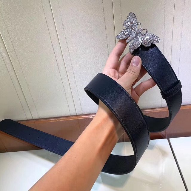 GG original calfskin belt with butterfly 38mm 499634 dark blue