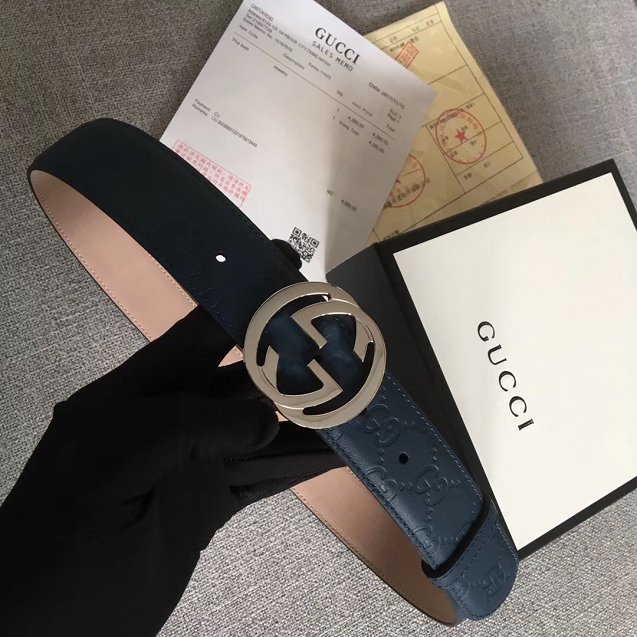GG original signature calfskin belt 38mm 370543 navy blue