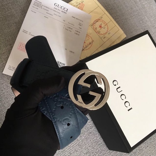 GG original signature calfskin belt 38mm 370543 navy blue