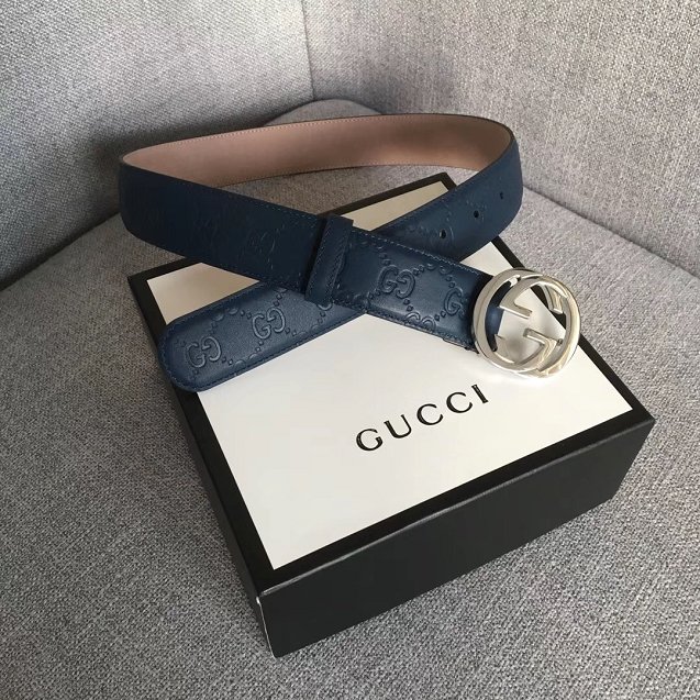 GG original signature calfskin belt 38mm 370543 navy blue