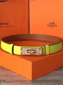 Hermes original epsom leather kelly diamond belt 17mm H069853 lemon yellow
