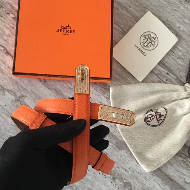 Hermes original epsom leather kelly diamond belt 17mm H069853 orange