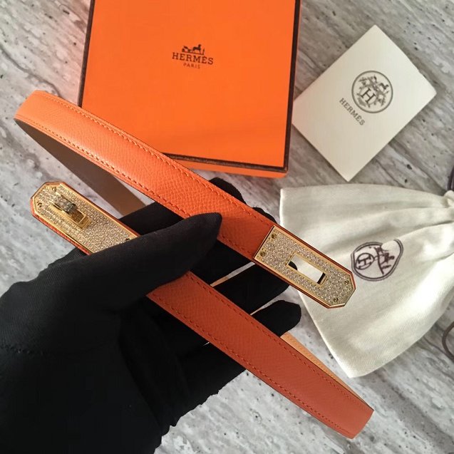 Hermes original epsom leather kelly diamond belt 17mm H069853 orange