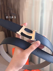 Hermes original calfskin H belt reversible H075378 blue&grey