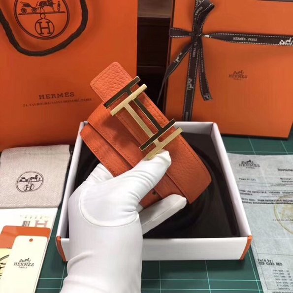 Hermes original togo leather H au carre belt 32mm H066050 orange