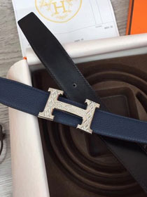 Hermes original togo leather constance belt 32mm H064551 navy blue