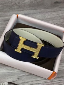 Hermes orignal epsom leather H reversible belt 32mm H073927 dark blue