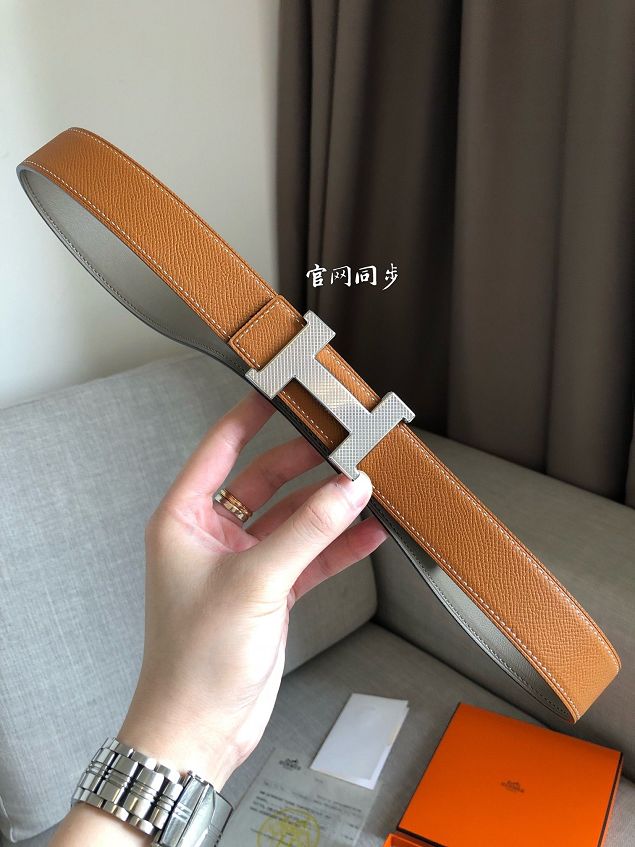 Hermes original epsom leather guillochee belt 32mm H064540 coffee
