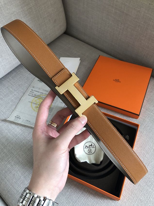 Hermes original epsom leather guillochee belt 32mm H064540 coffee