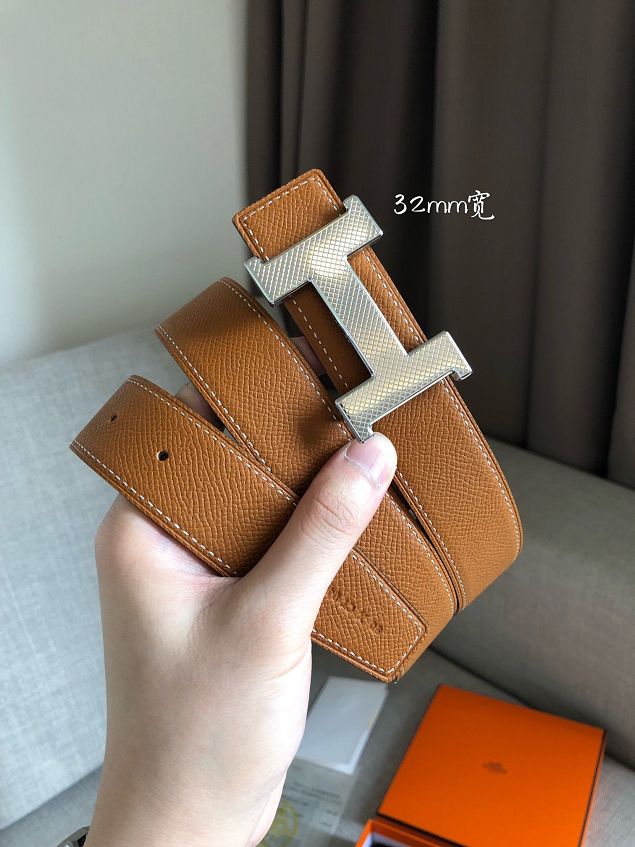 Hermes original epsom leather guillochee belt 32mm H064540 coffee