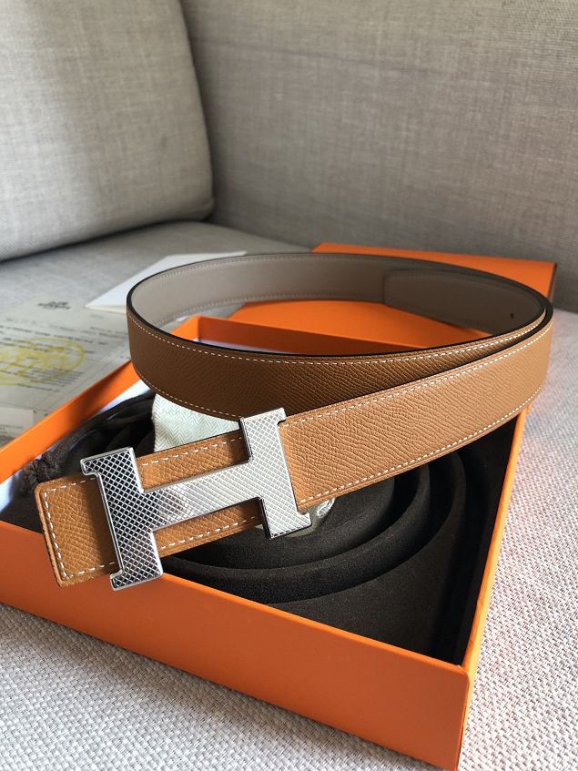 Hermes original epsom leather guillochee belt 32mm H064540 coffee